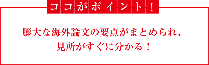 ココがポイント！膨大な海外論文の要点がまとめられ、見所がすぐに分かる！
