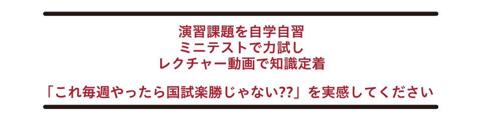 演習課題を自学自習、ミニテストで力試し、レクチャー動画で知識定着。「これ毎週やったら国試楽勝じゃない?」を実感してください