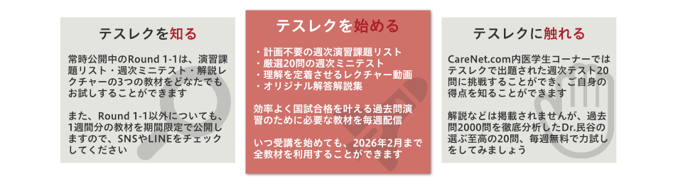 効率よく国試合格を叶える過去問演習のために必要な教材を毎週配信。いつ受講を始めても、2026年2月まで全教材を利用することができます